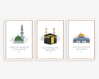 Islamic Posters 3 Masjid Wall Art, Masjid Al-Aqsa, Masjid Al-Nabawi, Kaaba Poster Digital Download, Hajj Art, Quranic verse Islamic Wall Art