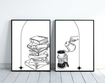 Books and Coffee Line Art Prints: Minimalist Home Decor (Digital Download)