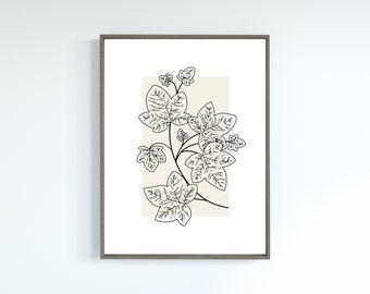 Botanical digital Line art, Floral Wall Art Gifts, Neutral Ivy leaves trendy digital prints, Minimal Fall Vibes Floral Home Decor