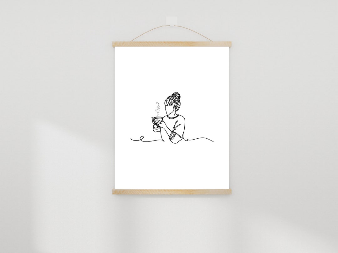 Minimalist Coffee Line Art Print: Woman With Coffee Cup (digital ...