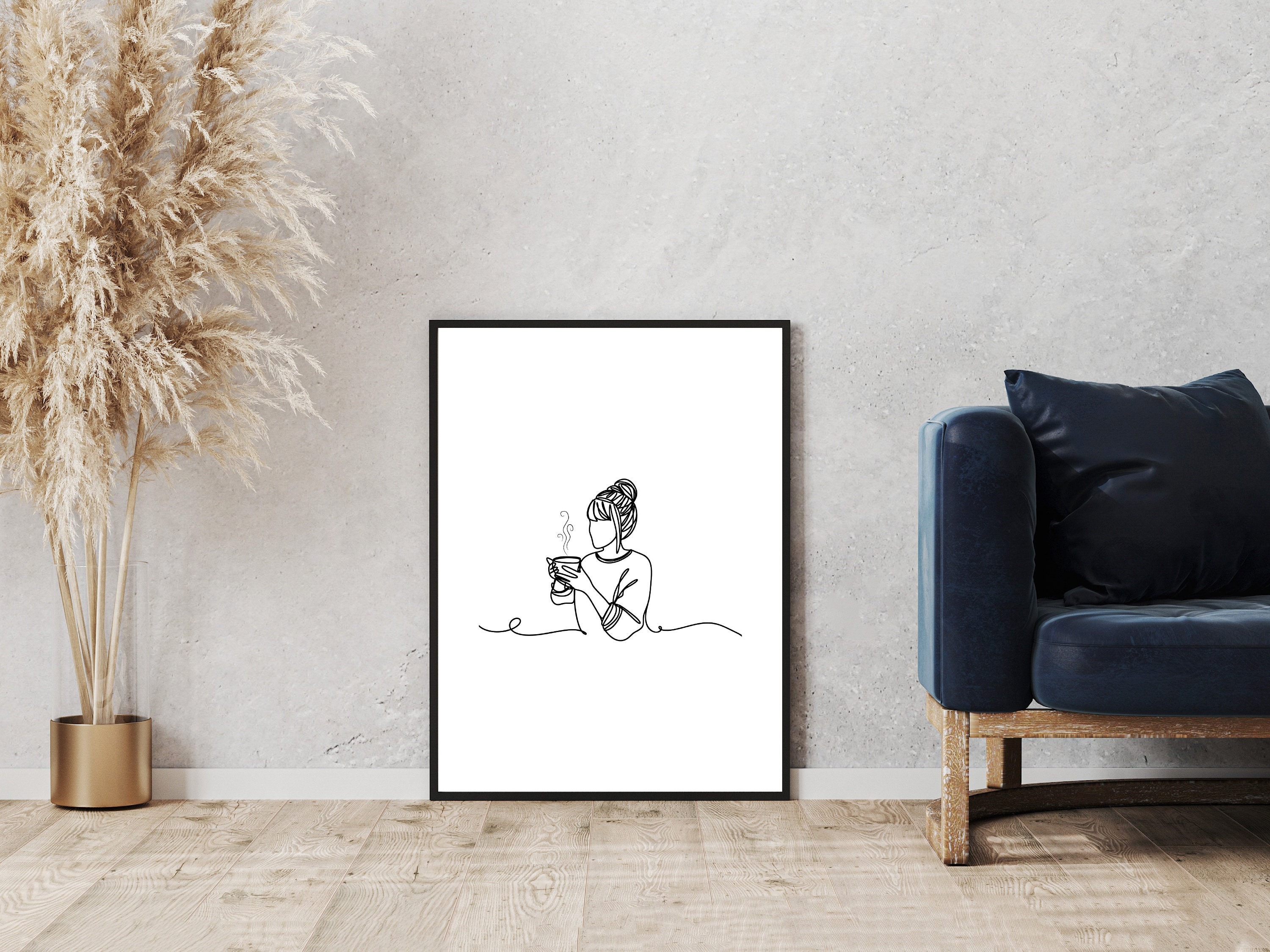 Minimalist Coffee Line Art Print: Woman With Coffee Cup (digital ...