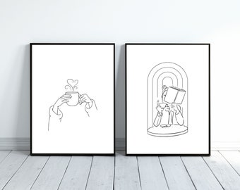 Book Lover Line Art Print Set: Woman Reading, Coffee Cup (Digital Download)