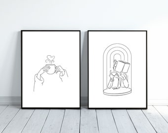 Line Art of Woman Reading a Book Digital Wall Art, Hands over cup of coffee, Set of 2 Bookish Prints gifts, Female Line Art