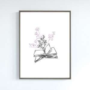 Books and Flowers Bookish Prints Digital Wall Art, Book Art, Lavender bookworm wall art, Line art with pop of color