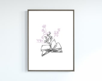 Books and Flowers Bookish Prints Digital Wall Art, Lavender bookworm wall art, Line art with pop of color