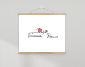 Bookish Desk Wall Art, Minimal Book Line Art with a Red Apple, Bookish Prints gifts, Office Digital Wall Art