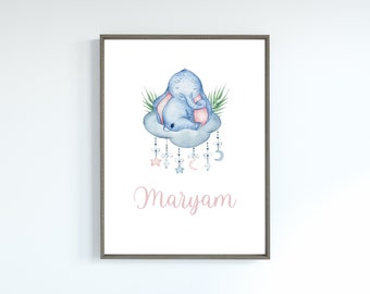 Custom Name Elephant Nursery Digital Art | Animal Wall Art