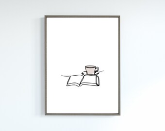 Books and Coffee Digital Wall Art, Minimal Open Book Line Art, Bookish Prints gifts, Coffee lover book lover
