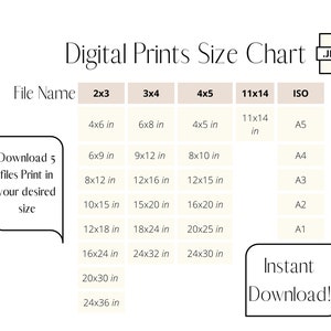 May include: A chart showing different digital print sizes in inches, including 2x3, 3x4, 4x5, 11x14, and ISO standard sizes. The chart also includes the text "Download 5 files Print in your desired size" and "Instant Download!!".
