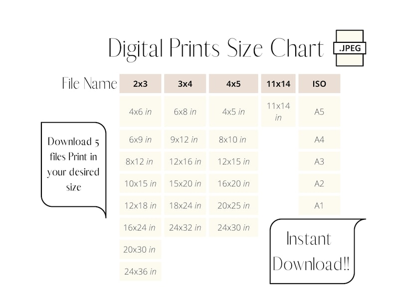 May include: A chart showing different digital print sizes in inches, including 2x3, 3x4, 4x5, 11x14, and ISO standard sizes. The chart also includes the text "Download 5 files Print in your desired size" and "Instant Download!!".