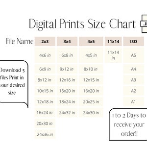 May include: A chart showing different sizes for digital prints in inches. The chart includes standard sizes like 4x6, 8x10, and 12x18, as well as ISO paper sizes like A5, A4, and A3. The chart also includes a note that it takes 1 to 2 days to receive your order.
