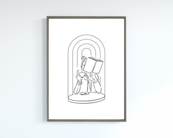 Book Lover Line Art Print: Woman Reading Coffee (Digital Download)
