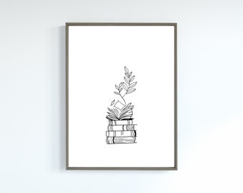Stack of Books and Leaves Bookish Prints Digital Wall Art, Floral Bookish Gifts, Neutral bookworm wall art, Bookish line art