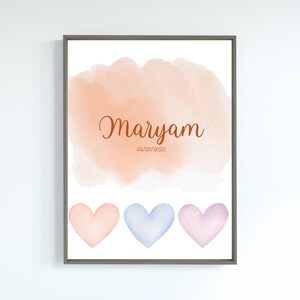 Custom Name and Birthdate Three Heart Nursery Digital Art | Arabic and English Nursery Art