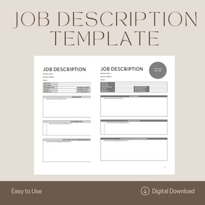Puede incluir: Una plantilla de descripción de puesto imprimible con dos columnas. La plantilla incluye secciones para el título del puesto, el tipo de puesto, el salario, las horas de trabajo, etc.