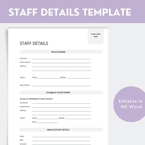 Staff Details Template | HR & Employee Information Sheet | Digital Download