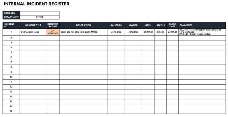 Comprehensive Internal Incidents Register Template | Editable Workplace ...