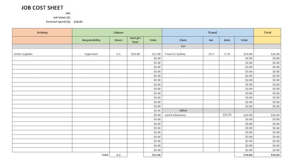 job costing excel template