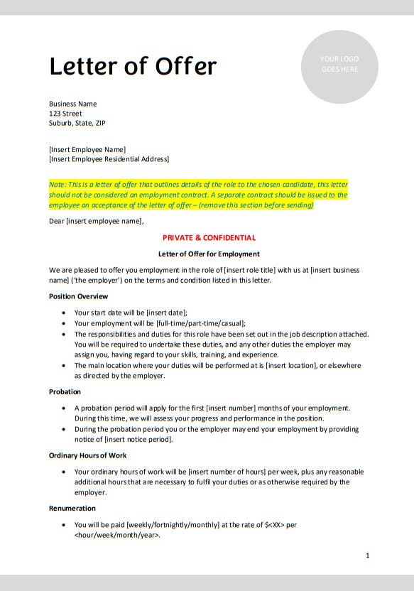 Employment Offer Letter Template | Professional | Editable MS Word ...