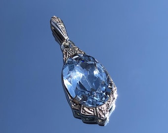 Vintage Art Deco Lab Spinel Pendant – 835 Silver, Icy Blue Necklace