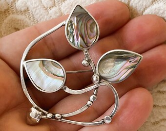 Vintage Sterling Silver Brooch – Mother of Pearl Floral Design, Poland 1986