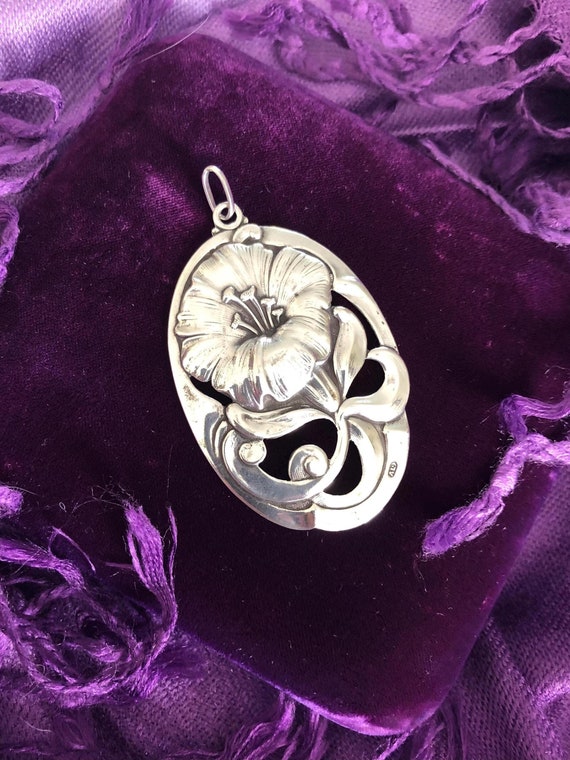 Large Sterling Silver Art Nouveau Pendant With Floral Motif – Signed, Antique, Estate, Circa 1900