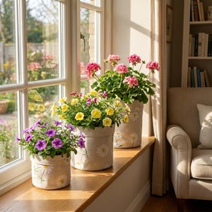 Peut inclure: Trois pots de fleurs fleuris sont posés sur un rebord de fenêtre en bois. Les pots sont beiges avec un motif de marguerites. Les fleurs sont violettes, jaunes et roses. La fenêtre donne sur un jardin.