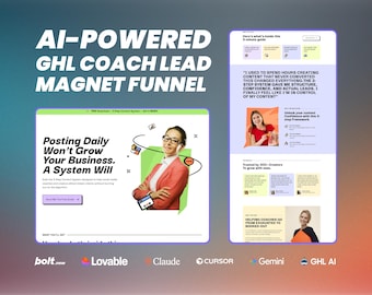 May include: A digital marketing funnel template titled AI-POWERED GHL COACH LEAD MAGNET FUNNEL, featuring two webpage layouts with text, a person in a red blazer, and logos for bolt.new, Lovable, Claude, CURSOR, Gemini, and GHL AI at the bottom.