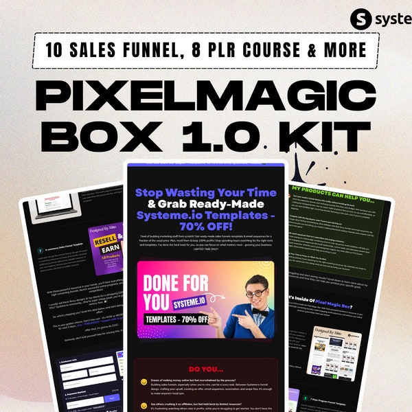 Systeme.io PixelMagic Box 1.0 Kit With PLR & MRR Rights | 10 Done For You Sales Funnel Templates, Email Swipes, 8-in-1 Plr Course Bundle