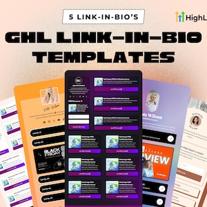 May include: Five different link-in-bio templates for social media. Each template features a different design and layout, with options for adding text, images, and links. The templates are designed to help users create engaging and informative profiles on social media platforms.