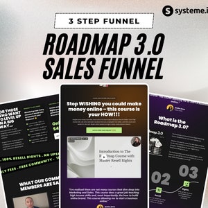 Può includere: Grafica promozionale con il testo "ROADMAP 3.0 SALES FUNNEL" e "3 STEP FUNNEL". L'immagine include screenshot di un corso intitolato "Introduction to The R_map Course with Master Resell Rights."