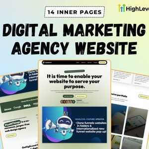 May include: A digital marketing agency website design concept is displayed, showcasing 14 inner pages. The design includes website mockups with text and graphics, and the HighLevel logo is visible.