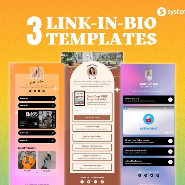 Systeme.io 3 Link-In-Bio Templates With PLR Rights | Bio Link Websites For FB Or Instagram, Done For You Instagram Websites