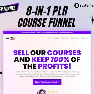Könnte beinhalten: Grafik für digitales Marketing mit dem Text "8-IN-1 PLR COURSE FUNNEL" in fetter Schrift. Das Bild wirbt für den Verkauf von Kursen und den Erhalt von 100 % der Gewinne. Der Hintergrund ist ein Farbverlauf aus Lila und Weiß.