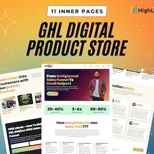 May include: A website screenshot showcasing a digital product store with the text "GHL Digital Product Store" in large, bold letters. The website features a variety of products, including a free ebook titled "How To Make $10,000/mo With Sales Funnels". The website also includes testimonials from satisfied customers.