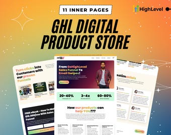 May include: A website screenshot showcasing a digital product store with the text "GHL Digital Product Store" in large, bold letters. The website features a variety of products, including a free ebook titled "How To Make $10,000/mo With Sales Funnels". The website also includes testimonials from satisfied customers.
