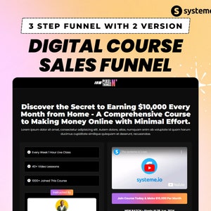 May include: A black and white digital marketing sales funnel graphic with the text "3 Step Funnel with 2 Version" and "Digital Course Sales Funnel". The graphic includes a call to action to "Join Course Today & Make $10,000 Per Month".
