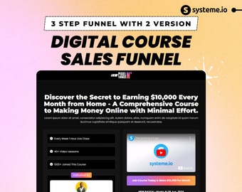 May include: A black and white digital marketing sales funnel graphic with the text "3 Step Funnel with 2 Version" and "Digital Course Sales Funnel". The graphic includes a call to action to "Join Course Today & Make £10,000 Per Month".
