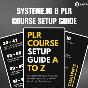 Puede incluir: Una guía para configurar un curso PLR en Systeme.io. La guía se divide en nueve pasos, cada paso está numerado y descrito. La guía se titula "Guía de configuración de curso PLR de la A a la Z".
