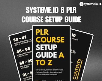 Könnte beinhalten: Eine Anleitung zum Einrichten eines PLR-Kurses auf Systeme.io. Der Leitfaden ist in neun Schritte unterteilt, wobei jeder Schritt nummeriert und beschrieben ist. Der Leitfaden trägt den Titel "PLR-Kurs-Einrichtungsleitfaden von A bis Z".