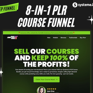 Könnte beinhalten: Ein Screenshot einer Website in Grün und Schwarz mit dem Text "8-IN-1 PLR COURSE FUNNEL" in großen weißen Buchstaben. Der Text "SELL OUR COURSES AND KEEP 100% OF THE PROFITS!" steht in fetten weißen Buchstaben auf grünem Hintergrund. Ein grüner Button mit weißem Text lautet "Claim Your Course Now!"