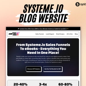 May include: A website interface with the text "SYSTEME.IO BLOG WEBSITE" in a bold font. The interface promotes sales funnels, ebooks, and digital products. The background is a gradient of light orange and white.