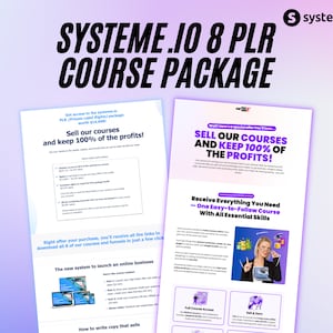 Könnte beinhalten: Ein digitales Marketing-Kurspaket in Lila und Weiß mit dem Text "SYSTEME.IO 8 PLR COURSE PACKAGE" oben. Das Bild zeigt zwei Seiten des Kurspakets mit dem Text "Sell our courses and keep 100% of the profits!" und "Receive Everything You Need - One Easy-to-Follow Course With All Essential Skills" auf den Seiten.