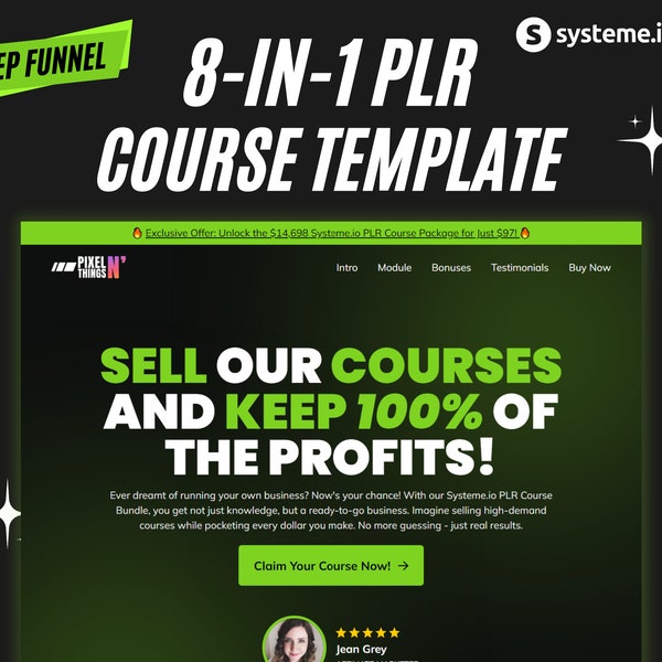 Systeme.Io 8-in-1 PLR Course Sales Funnel Template With PLR Rights In Dark Version | Including Order Page, Thank You Page, DFY Template