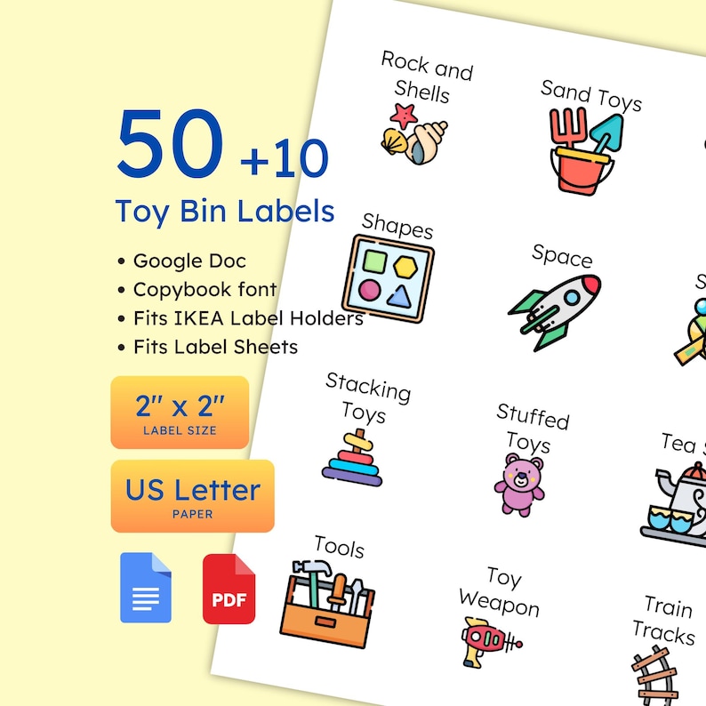 Editable Toy Bin Labels, 60 Illustrated Labels (google Doc) - Etsy