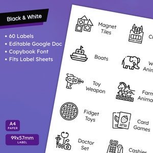 Toy Storage Labels B&W A4 - Toy Bin Organisation Editable Trofast Printable (Montessori, Pre-K, Classroom, Playroom Organization)