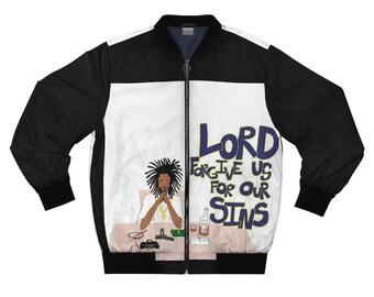 May include: A black and white bomber jacket featuring a cartoon illustration of a person praying. The jacket has a zip fastening and the words "LORD FORGIVE US FOR OUR SINS" printed on the front.