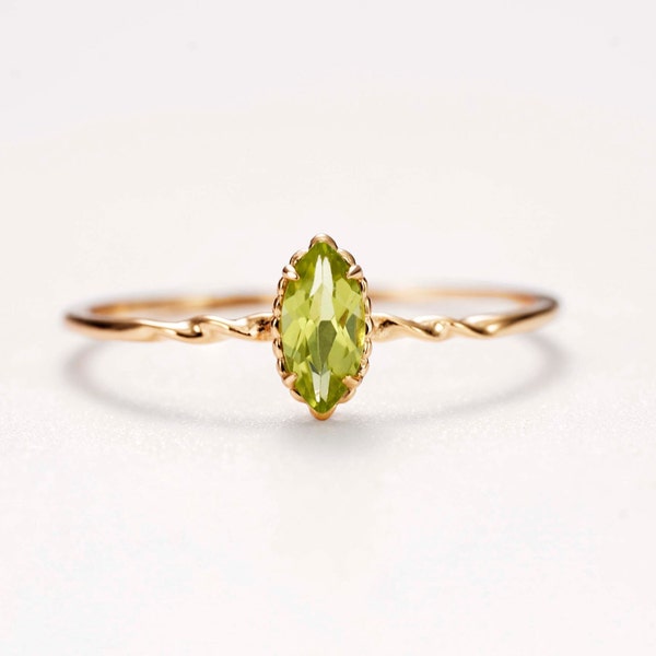 14K Gold Peridot Ring, 14K Gold Ring For Women, Gold Green Stone Ring, Gold Marquise Ring, Minimalist Green Ring, Perfect Gift For Her