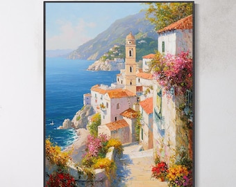 Amalfi Coast Village Oil Painting Italian Coast Wall Art Colorful Mediterranean Seaside Landscape Artwork Modern Home Deco Mother’s Day Gift
