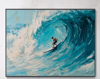 Large Blue Ocean Wave Landscape Oil Painting Original Summer Surfing Vacation Party Abstract Wave Seascape Wall Art Home Decor Souvenir Gift